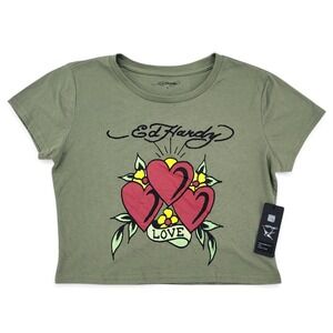Ed Hardy Y2K Heart Tattoo Graphic Crop Tee Womens L Grunge Coquette 2000s Top